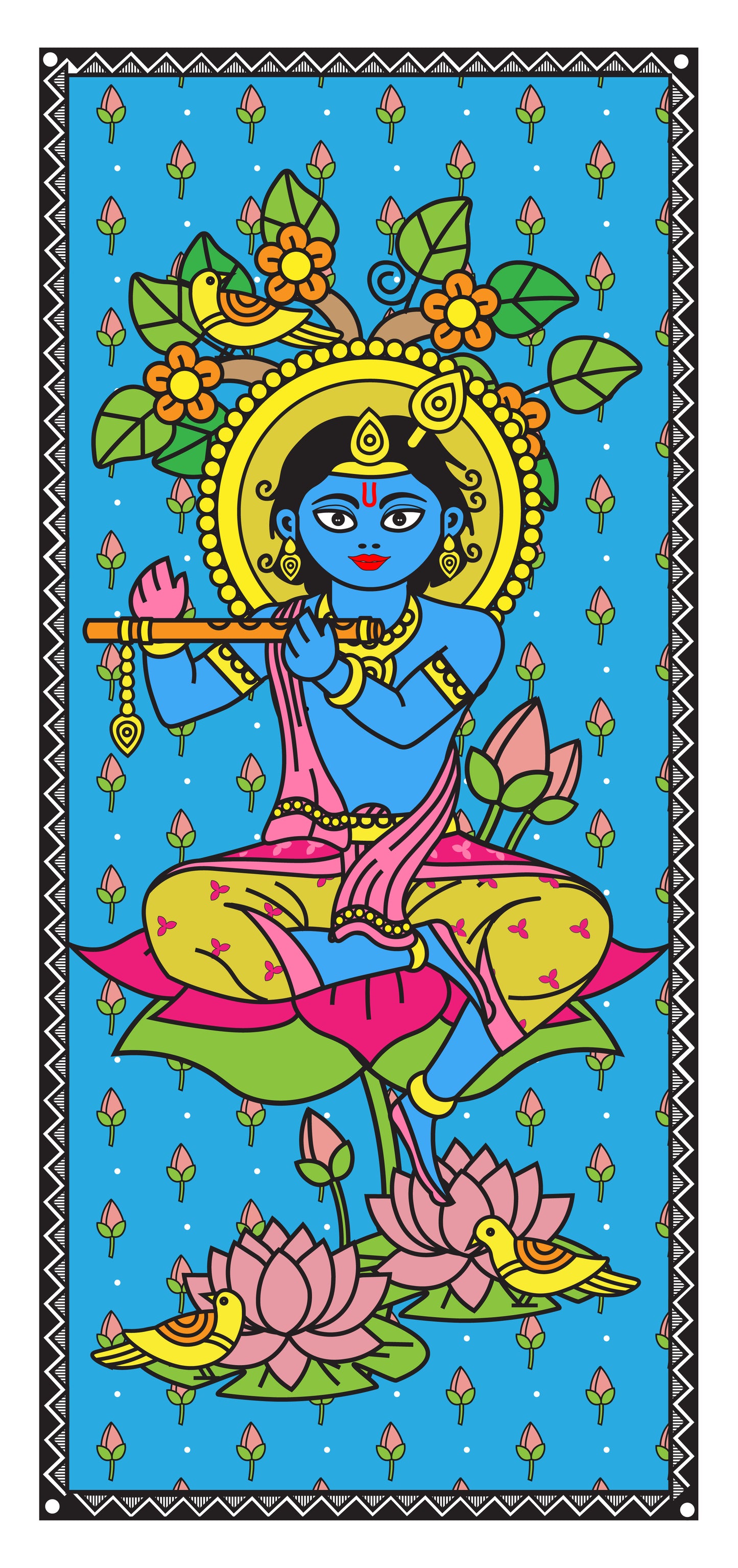 Kanhaiya | Madhubani Art | Digital Illustration | 8 X 17 Inch | Divine Wall Art for Home and Office