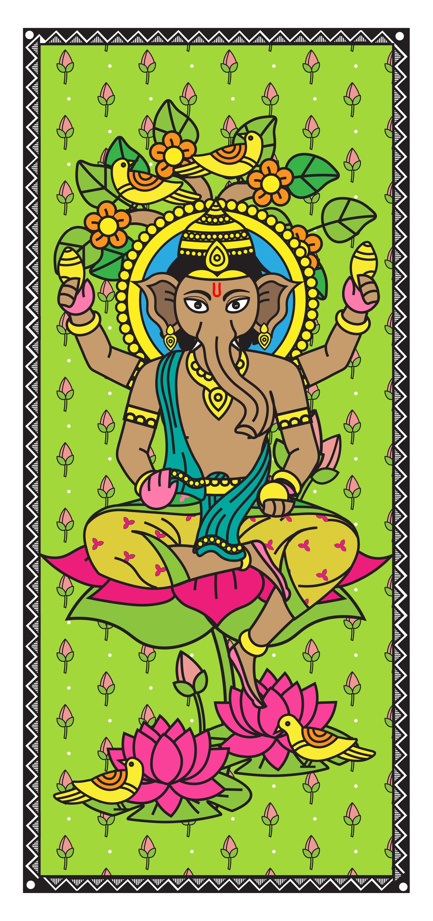 Ganpati Bappa | Madhubani Art | Digital Illustration | 8 X 17 Inch | Divine Wall Art for Home and Office